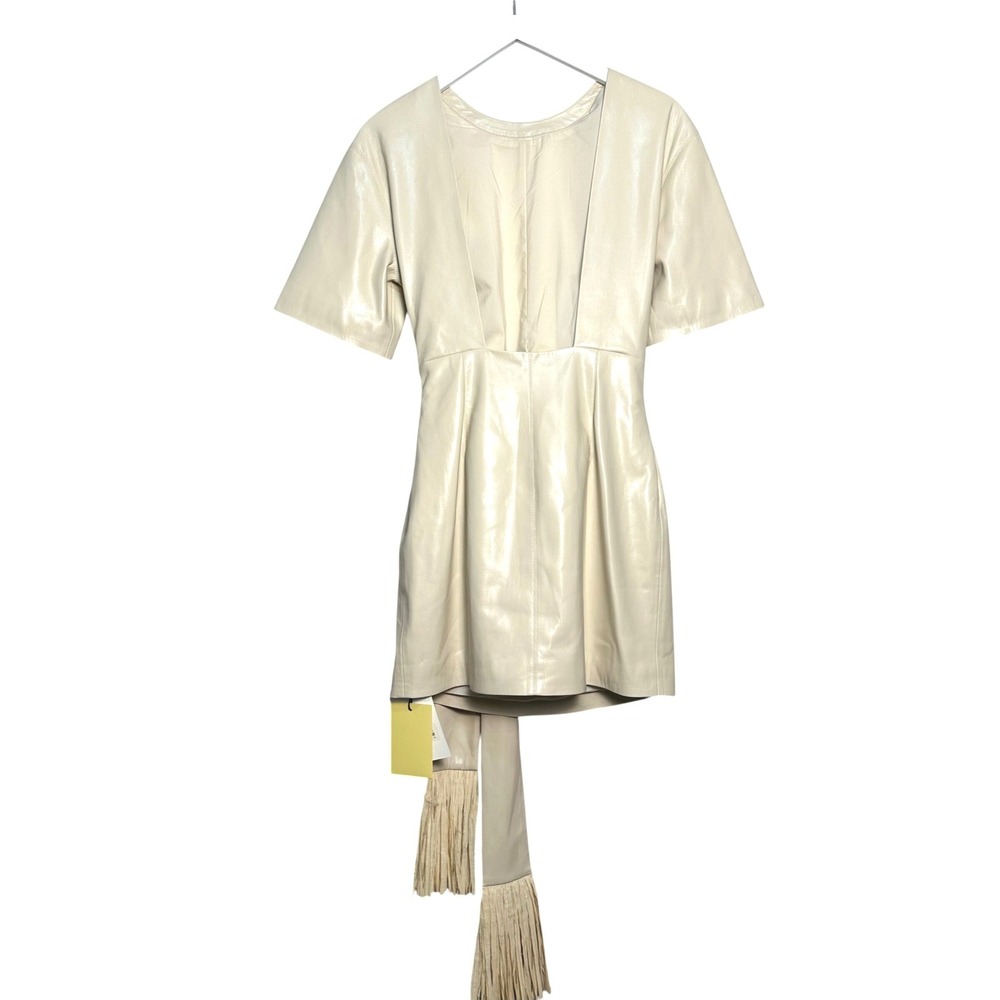 NWT Nanushka Maryl Faux Leather Chalk/Cream Fringe Knot Shift Mini Dress L - Picture 7 of 16